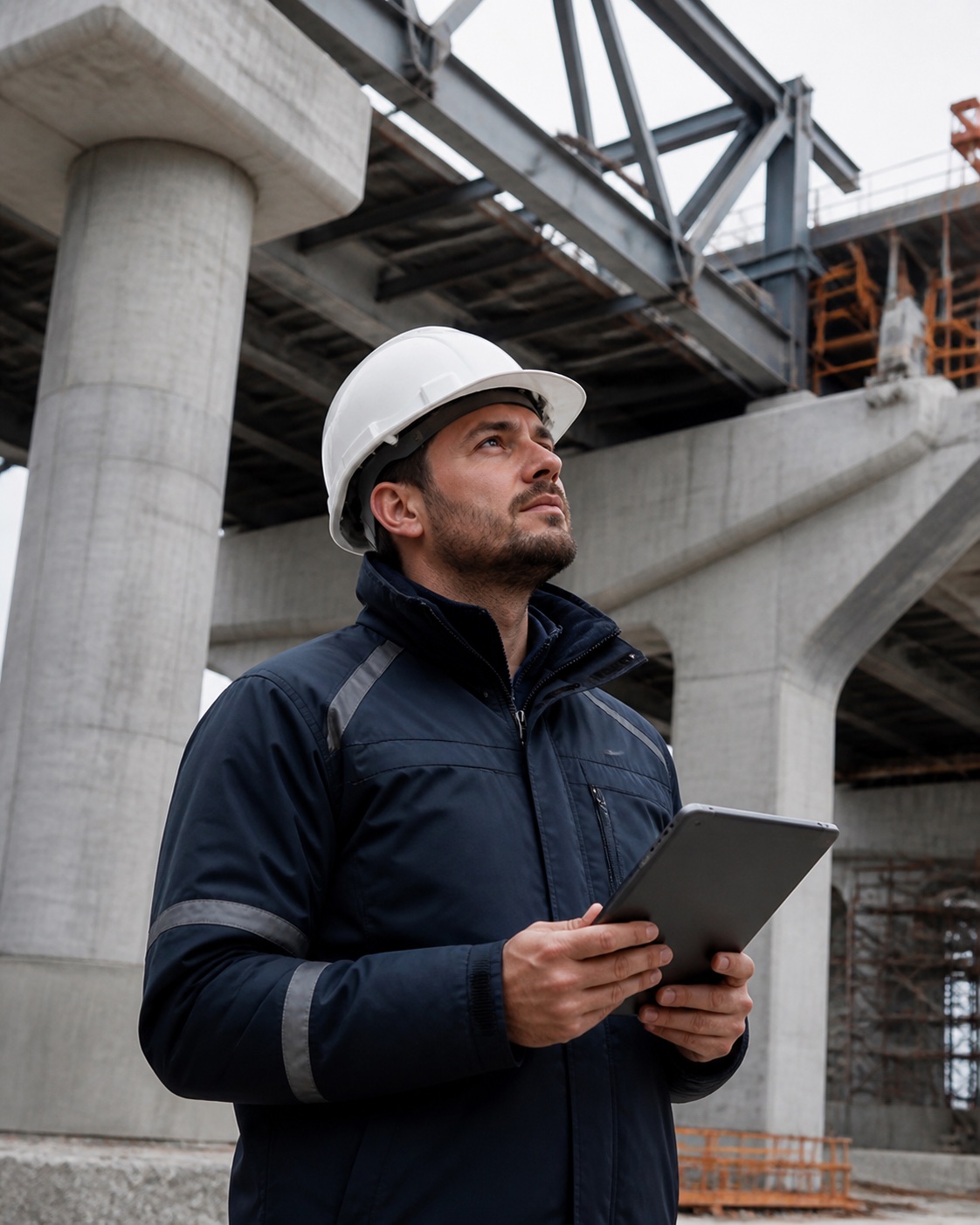 Ingeniero civil genérico inspeccionando una estructura ficticia