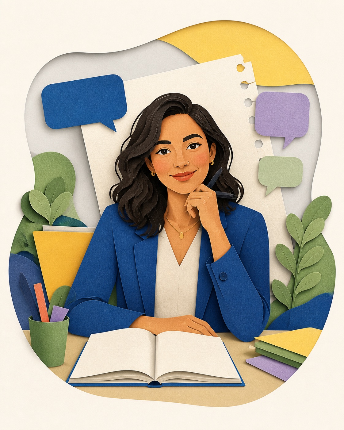 Ilustración editorial de una maestra de inglés trabajando con materiales de aprendizaje